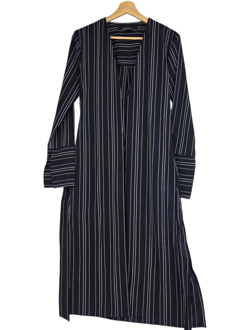 Zara Navy Stripe Duster Cardigan Side Slit Tie Waist Minimalist Coastal Small - Picture 5 of 15